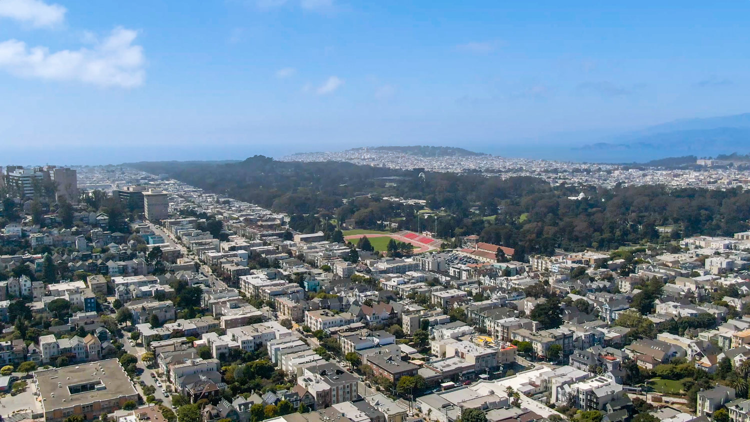Property Photo: Beautiful aerial photo from 41 Delmar looking towards coast and you can see Kezar Stadium and Gold Gate Park.
