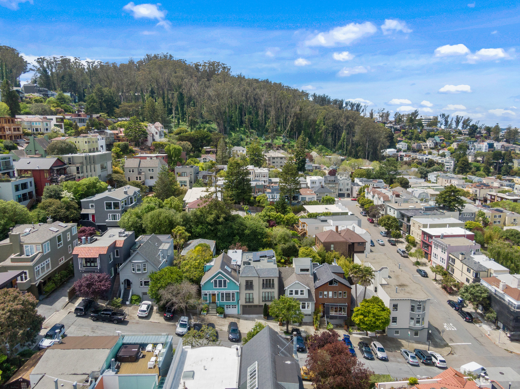 Property Photo: Further away aerial of 1521 Cole. You can see Sutro Forest. 