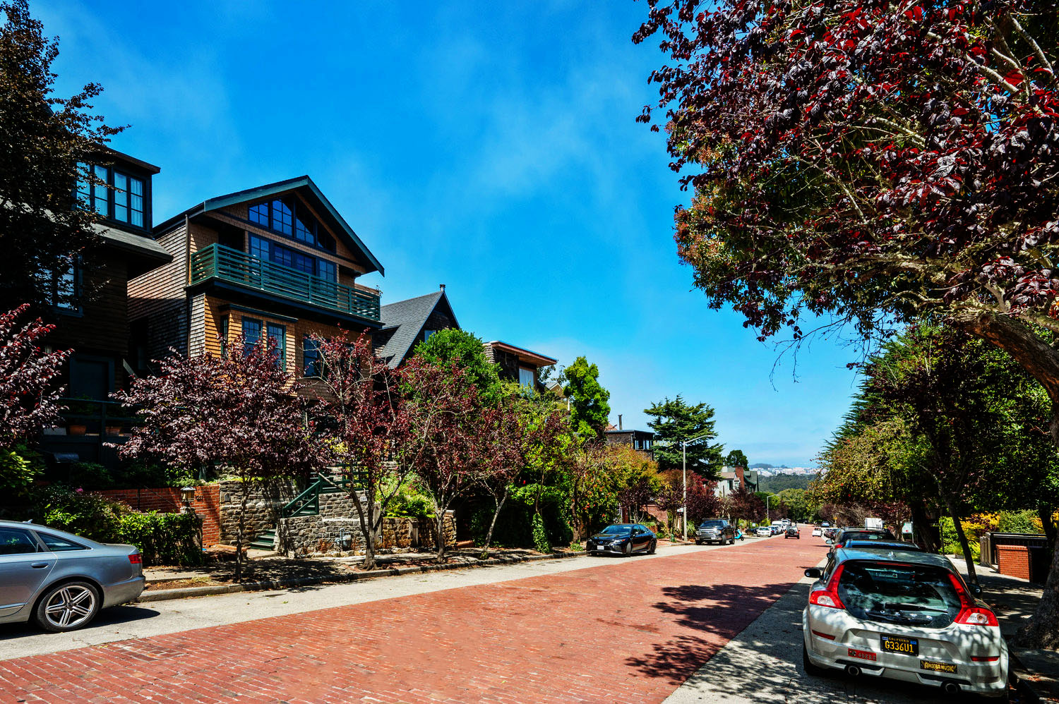 Street view of 205 Edgewood Ave in Cole Valley San Francisco, showing a cobblestone street lined with large homes near Sutro Forrest and UCSF