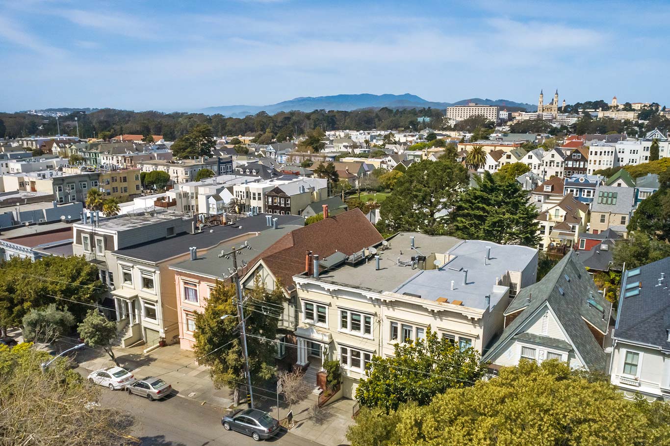 Aerial view of 36 Parnassus, featuring the Cole Valley neighborhood