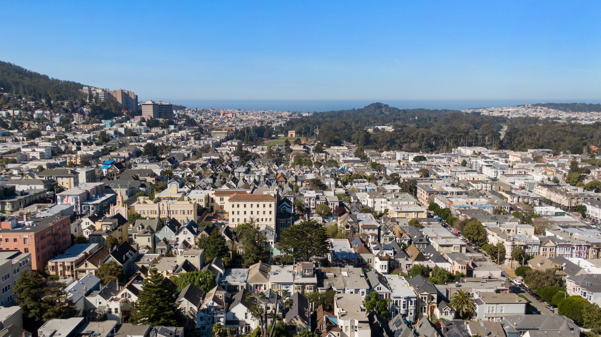 Aerial view of Buena Vista as seen from 39 Delmar, featuring views of Golden Gate Park and the San Francisco Bay