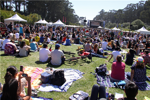 People gathering to hear a band at Golden Gate park