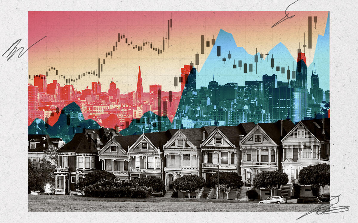 An illustration of market increases overlayed on a photo of Alamo Square in San Francisco