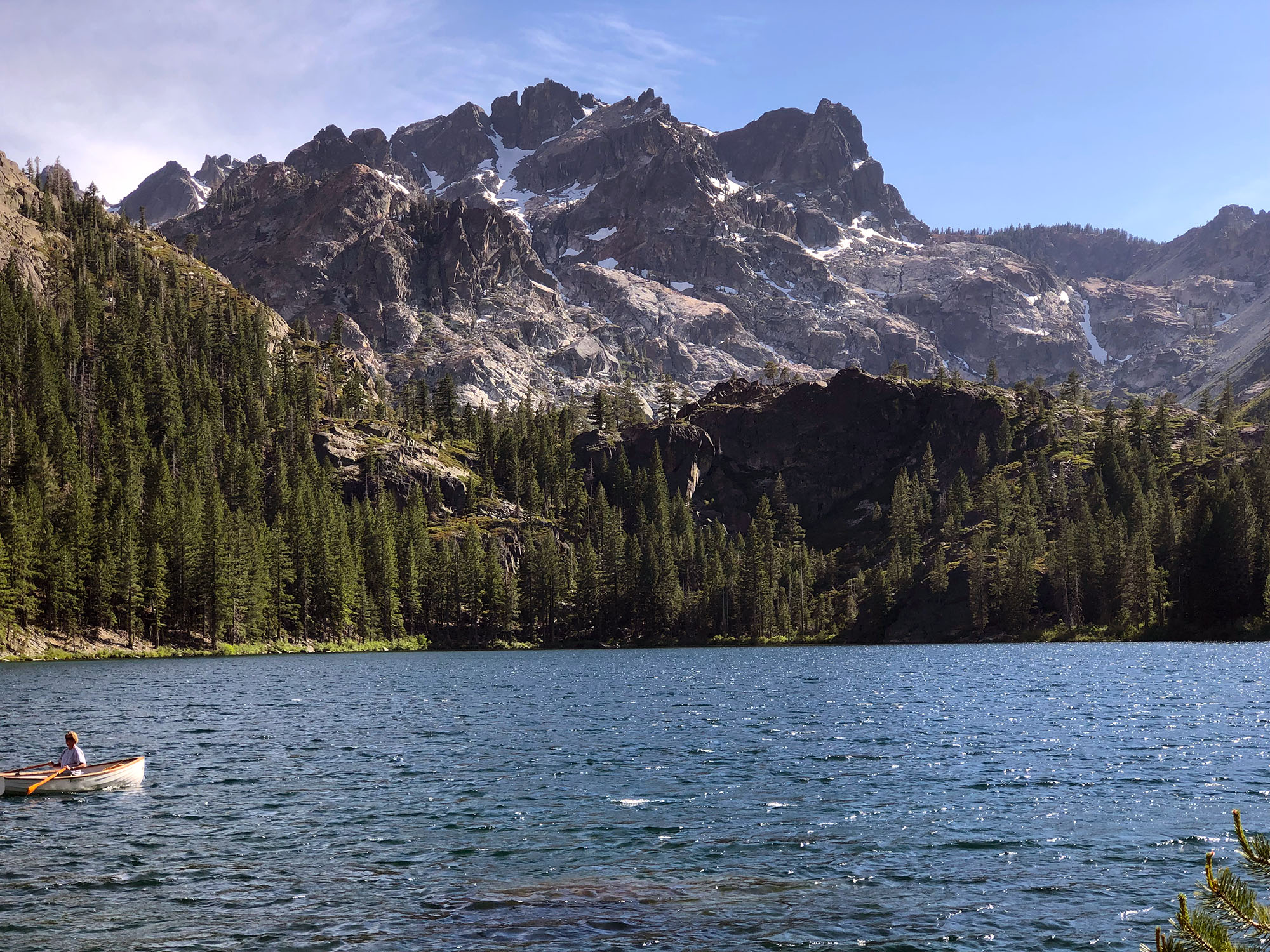 View of a lake and mountains near Lakes Basin, CA