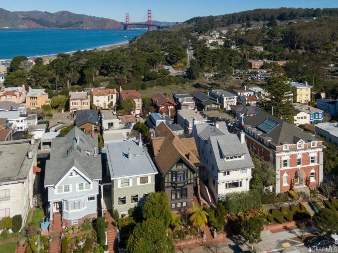 Property Thumbnail: Aerial view of 2212 Lake Street in San Francisco, showing views of the Golden Gate bridge