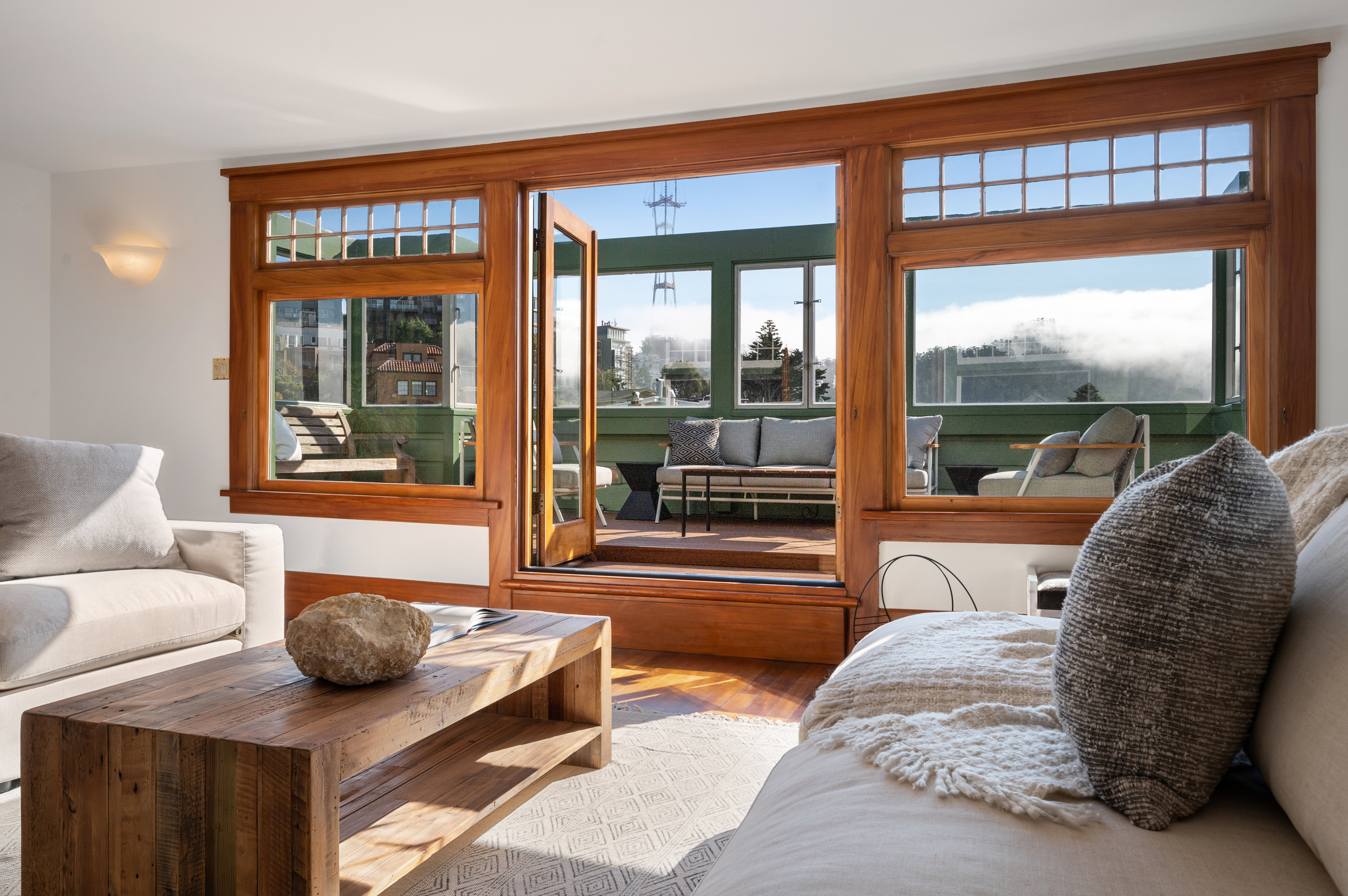 Interior view of a home with a panoramic view deck on Asbury Terrace in San Francisco