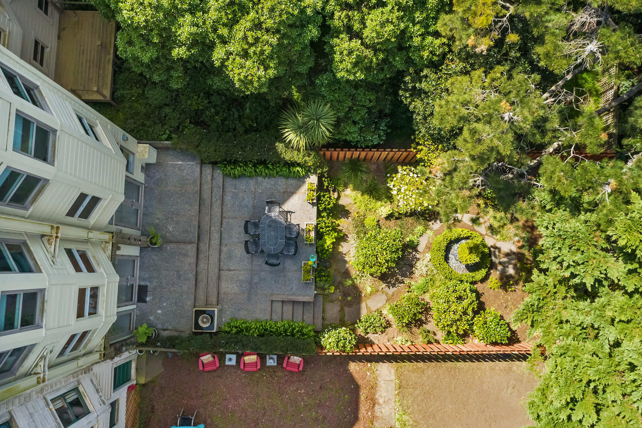 Property Photo: Aerial view of the rear yard at 36 Parnassus Avenue, showing the large garden and outdoor area