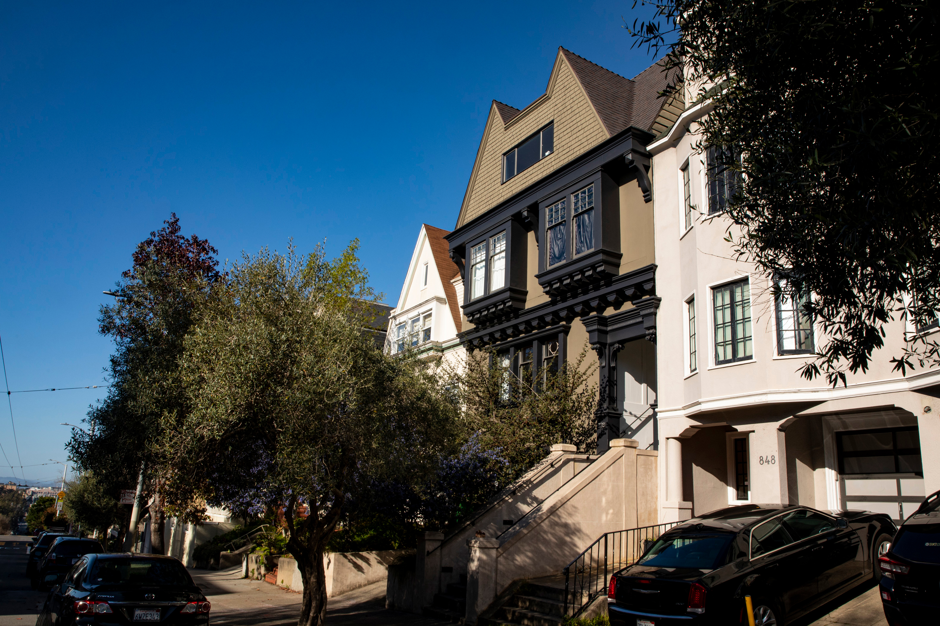 Property Photo: Side street view of 828 Ashbury, showing near by homes and tree-lined street