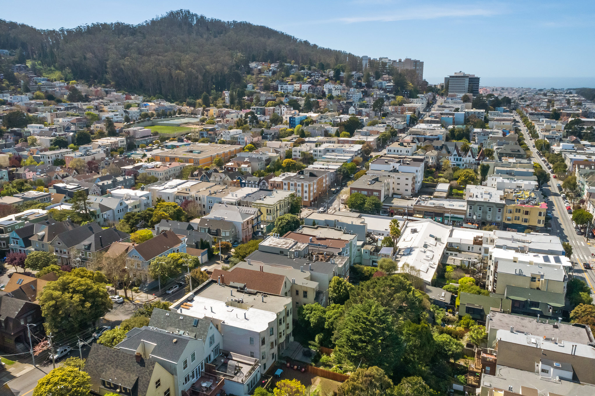 Property Photo: Aerial view of Cole Valley from 38 Parnassus Avenue, featuring Sutro Forrest