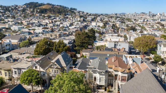 Property Thumbnail: Aerial view of 4160-4162 20th Street, showing the home and San Francisco beyond