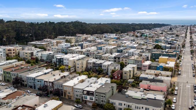 Property Thumbnail: Aerial view of 719 18th Avenue, showing proximity to Ocean Beach and Golden Gate Park