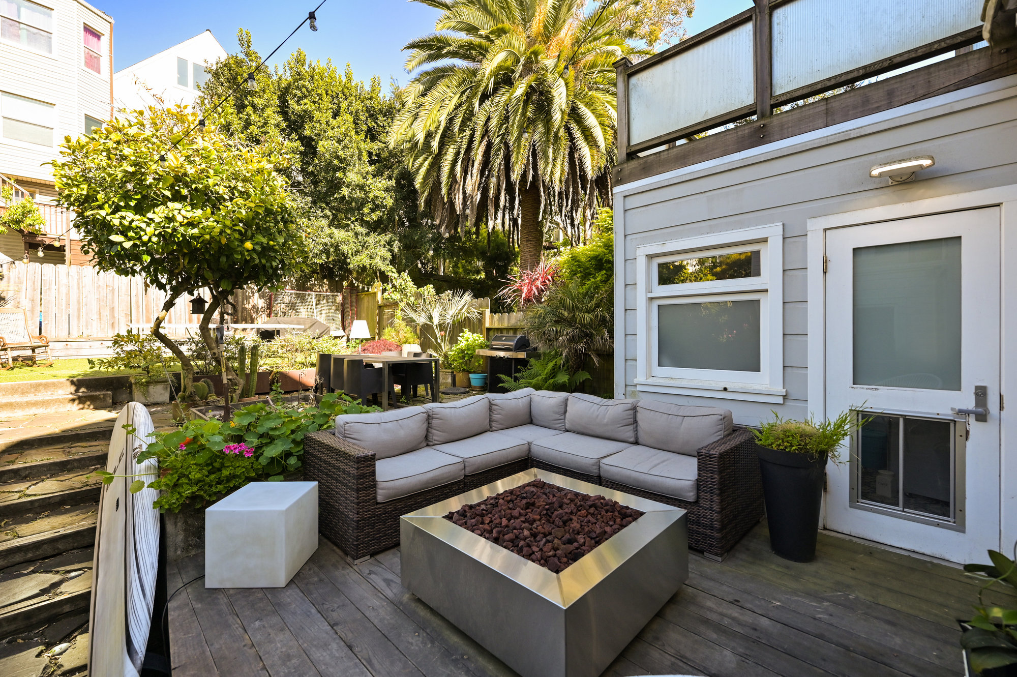 Property Photo: Patio with an outdoor living space and fireplace