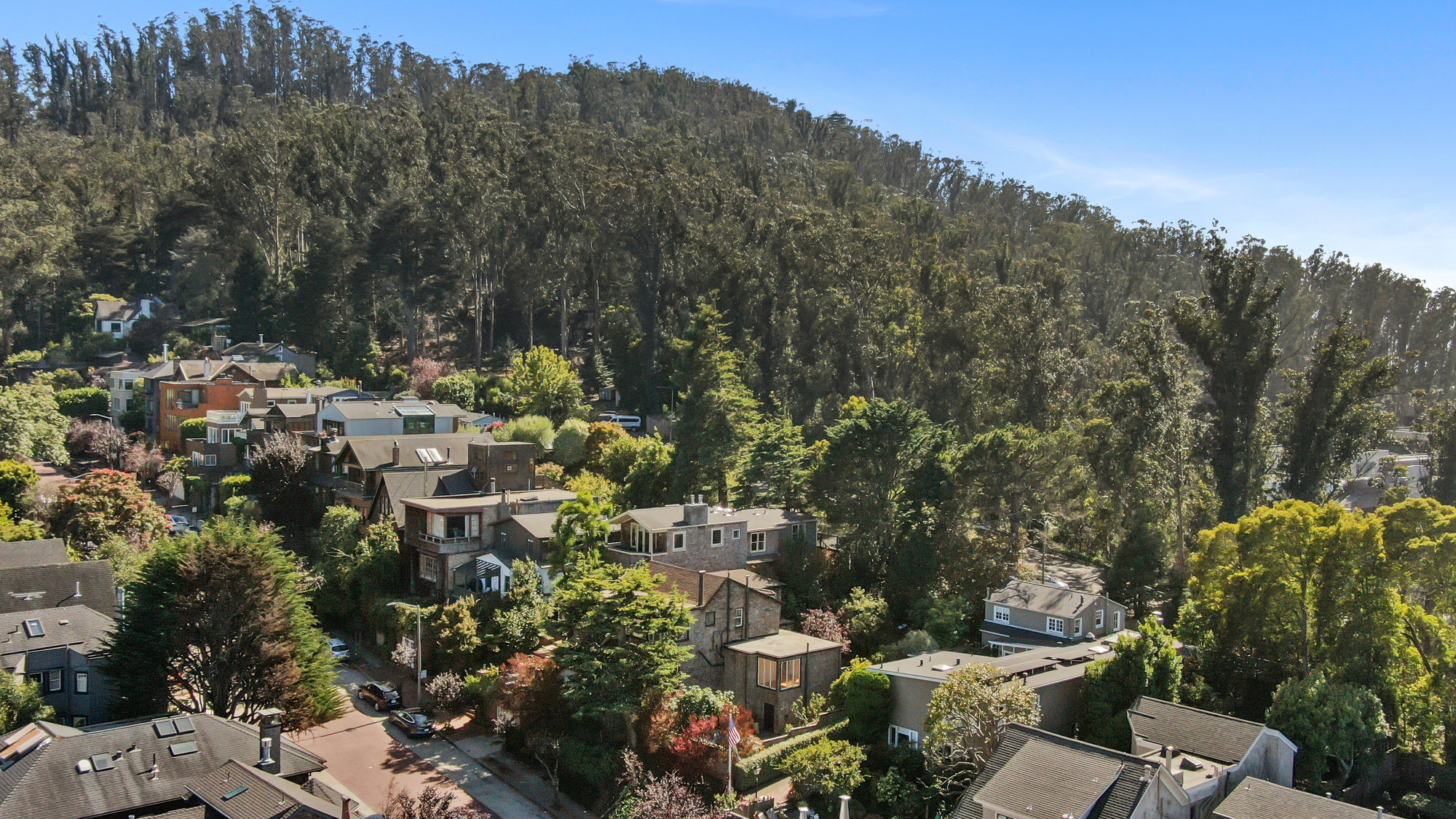 Property Photo: Aerial view of 183 Edgewood Avenue, showing the homes high elevation near Mount Sutro