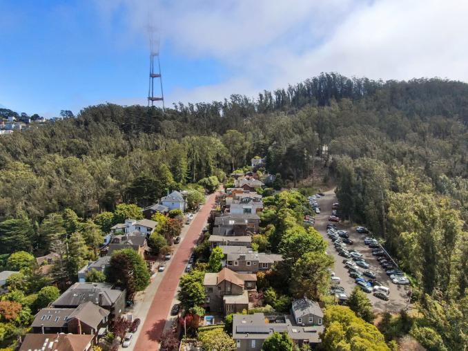 Property Thumbnail: Aerial view of 183 Edgewood Avenue, showing the red brick road of Edgewood and proximity to UCSF parking