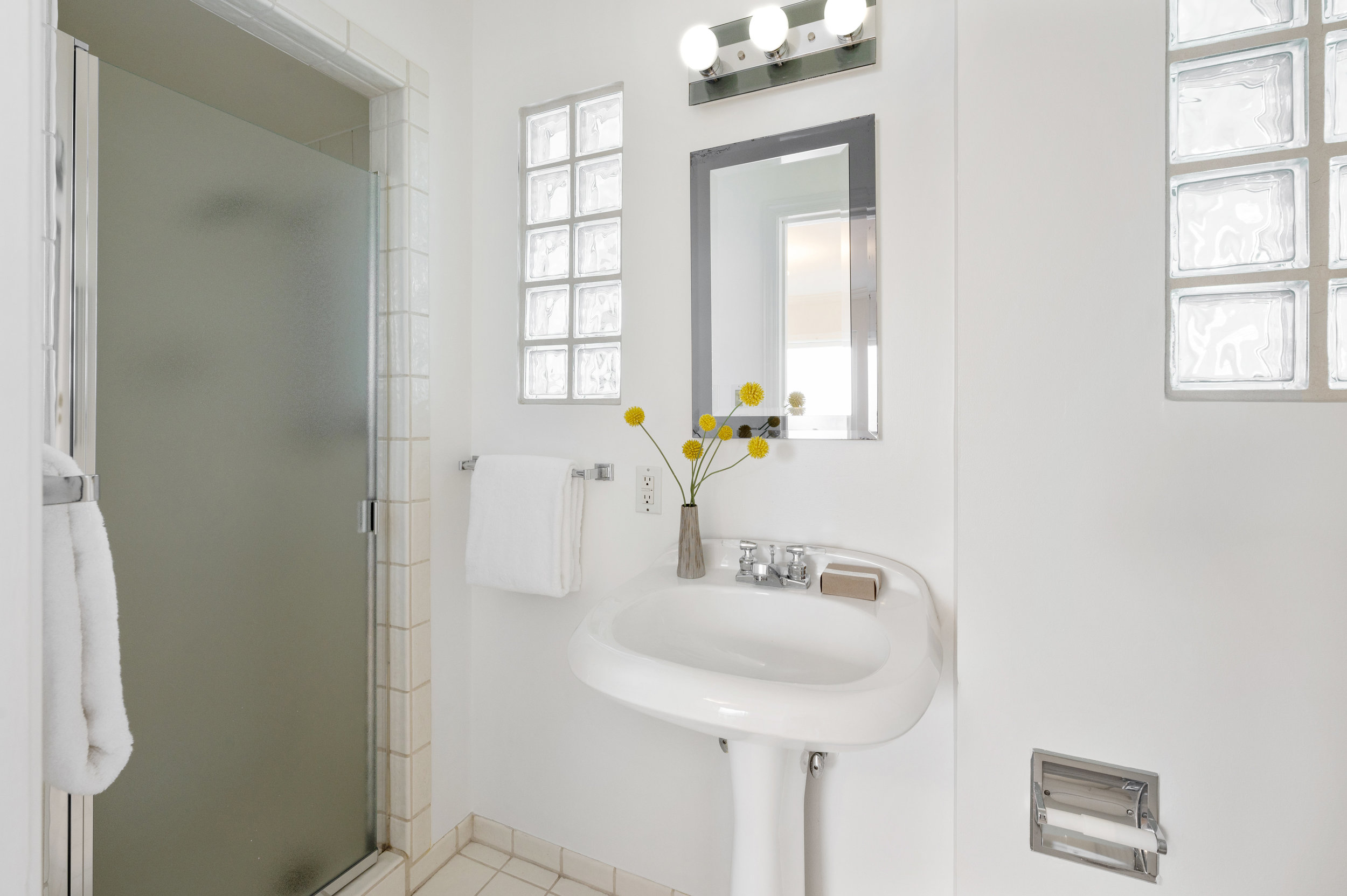 Property Photo: Second bathroom, featuring a shower and block glass windows