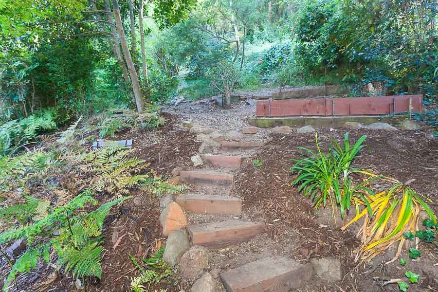 Property Photo: View of a trail with descending steps and various plants