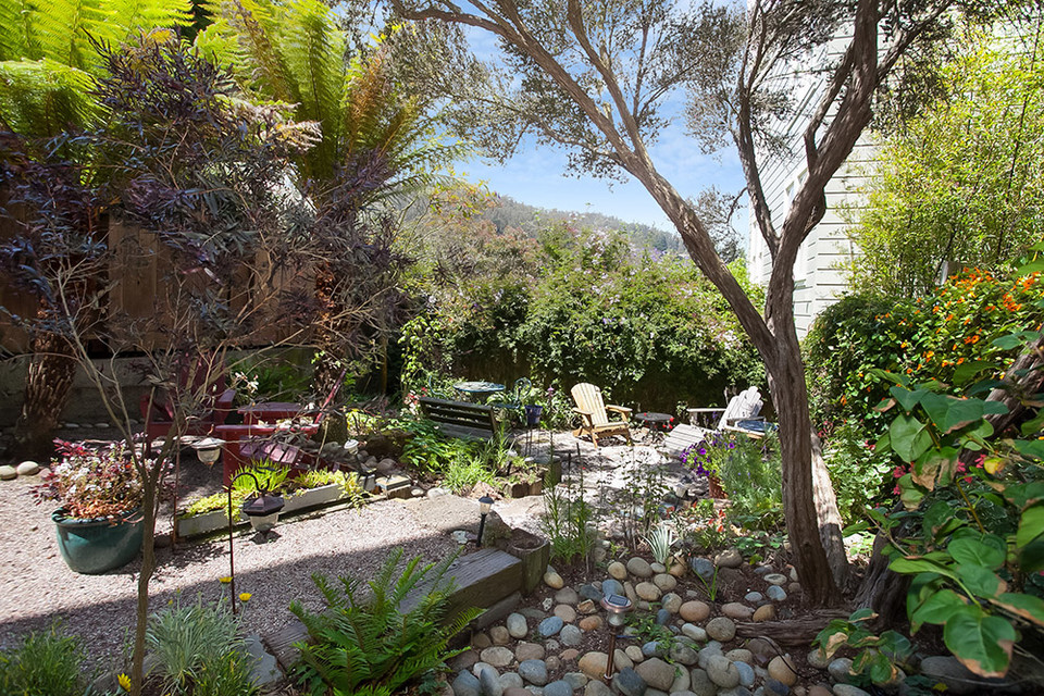 Property Photo: View of the lush yard and outdoor living area at 565-567 Belvedere Street