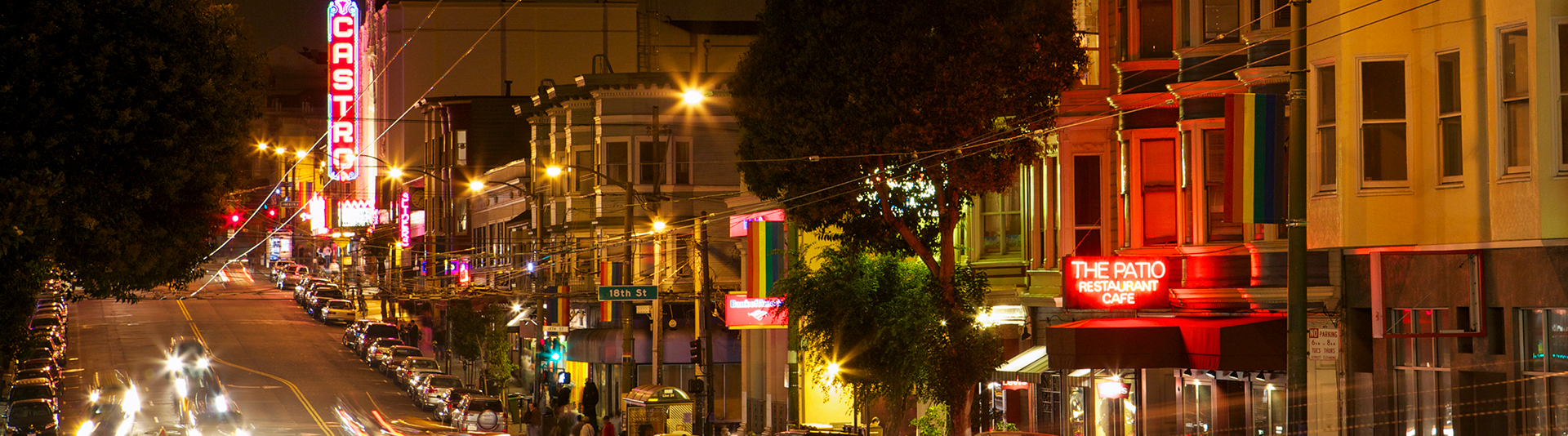 Bright lights of The Castro neighborhood at night